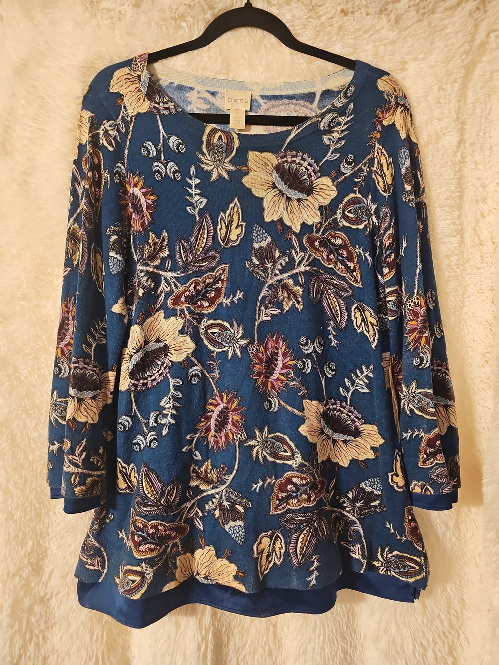 Chico's Size 1 Teal Blue Floral Boatneck Tunic